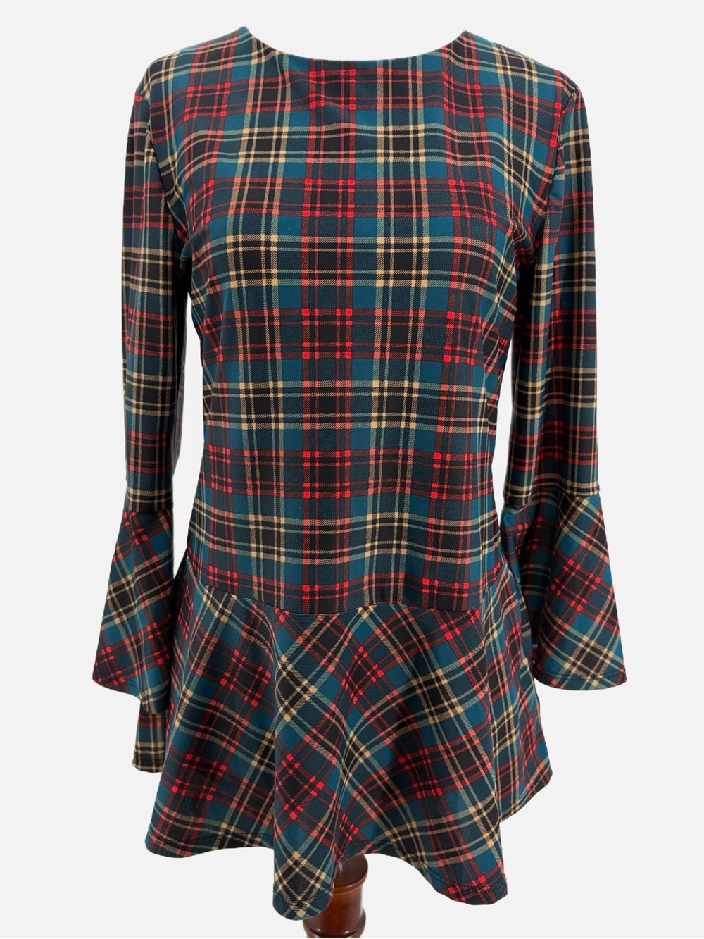 Jude Connally Ponte Plaid Peplum Bell Sleeve Top XS
